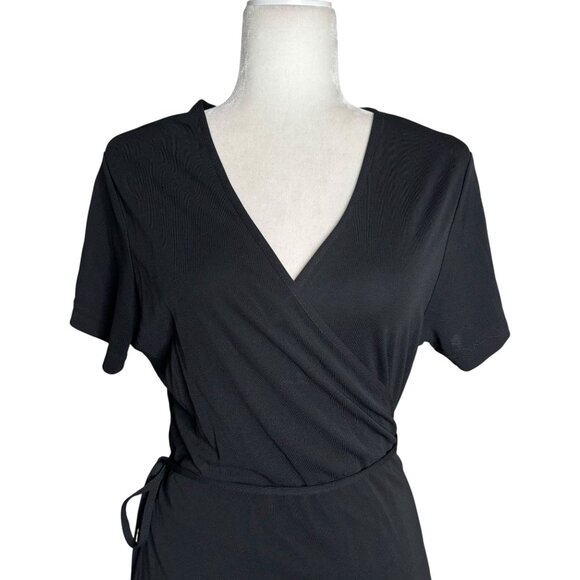 Gap Factory Full Wrap Dress Large Black Short Sleeve Tie Waist Rayon Stretch - Picture 2 of 7